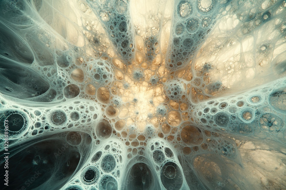 Poster abstract fractal art depicting a complex network of interconnected bubbles and veins, radiating outw