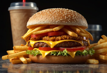 Double burger with chips. Lunch in the cafeteria. Generative AI.