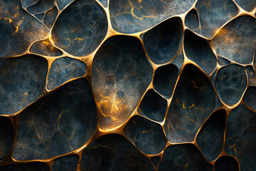 Abstract dark metallic texture with gold veins, resembling a complex organic structure or geological formation.