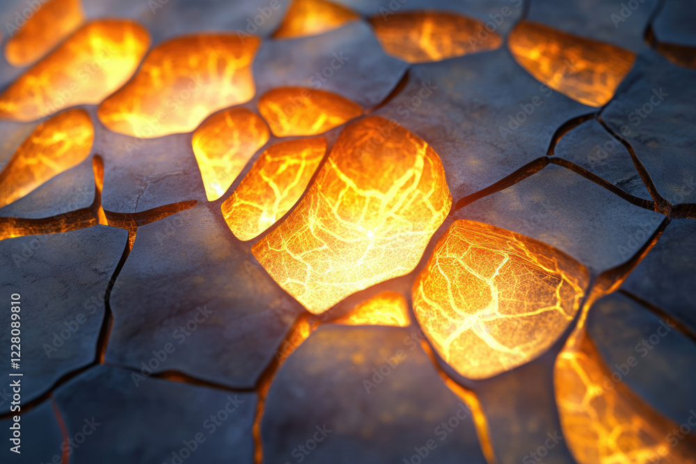 Aufkleber glowing orange lava flows through cracks in dark, fractured rock, creating a dramatic and intense vi