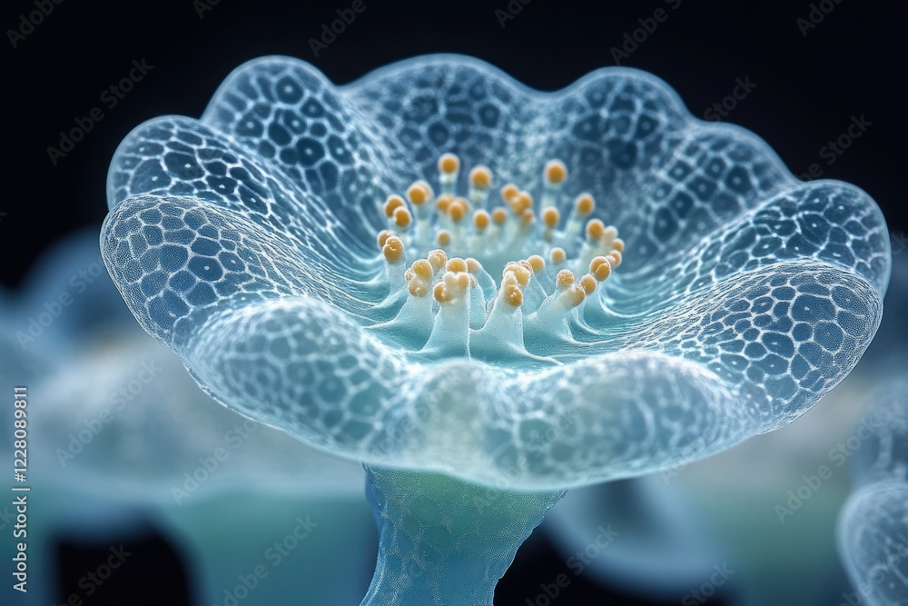 Poster close-up of a translucent, bioluminescent organism with intricate cellular structures and a crown-li