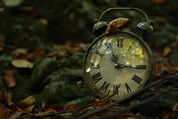 Alarm clock on fallen dry leaves outdoors, closeup. Space for text