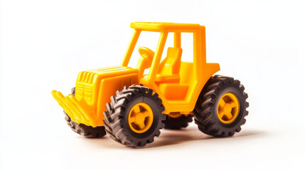 Fototapeta premium A high-quality stock photo of a yellow toy forklift, isolated on a white background. This small loader represents industrial and warehouse equipment, making it an excellent educational toy for childre