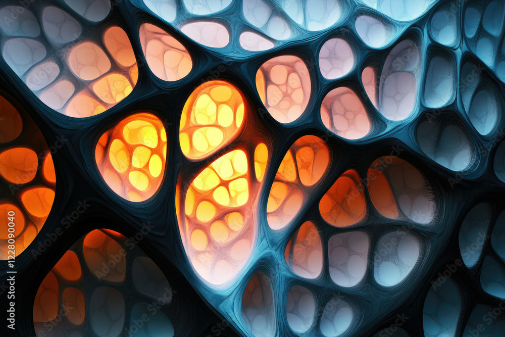 Poster Abstract 3D render of a complex, organic structure with interconnected cavities, glowing with warm and cool colors.