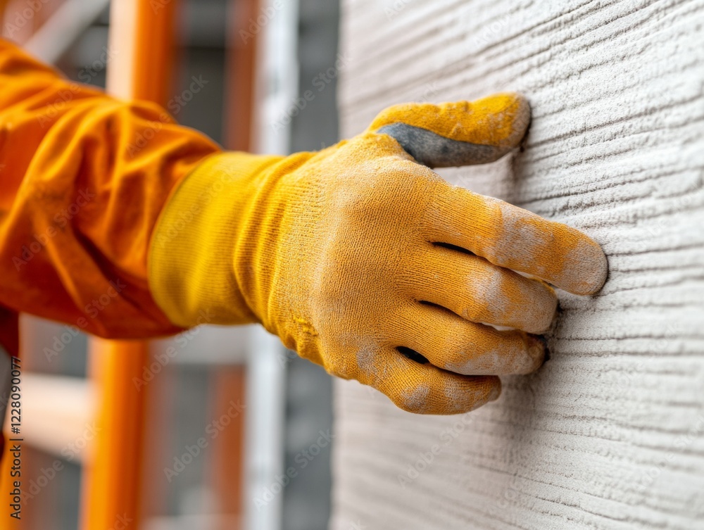 Aufkleber Advanced Eco-Textures in Modern Architecture Close-Up of Worker Assembling Modular Panels with Innovative Tools - Fast, Sustainable Construction for Urban Development