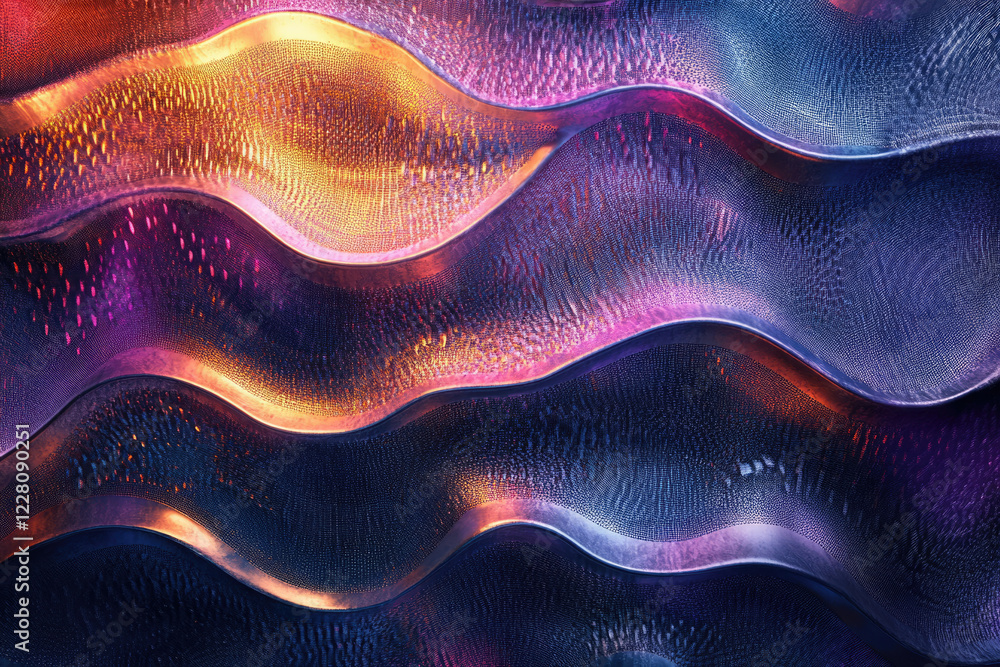 Poster abstract wavy metallic surface with vibrant purple, orange, and blue hues, creating a dynamic and te