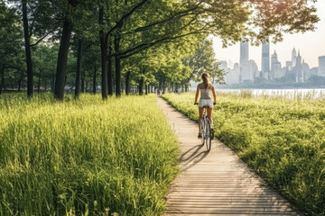 Fototapeta premium A woman is riding a bicycle down a path in a park