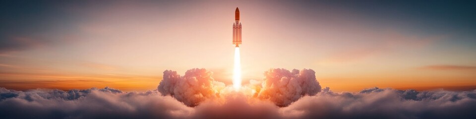 Dynamic Rocket Launch Visualization Sleek Metal Craft Amidst Billowing Smoke - Space Industry Promotion and Cutting-Edge Exploration Messaging for Commercial Innovation