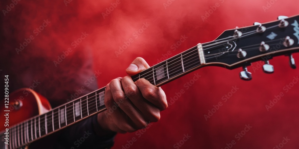 Aufkleber contemporary music performance close-up of guitarists hands on strings with vibrant lighting - dynam