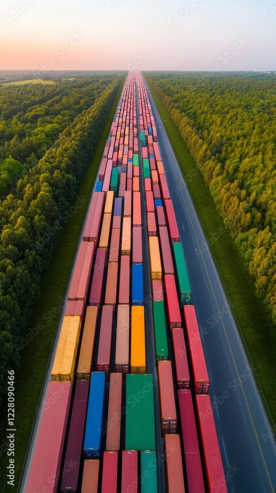 Poster vibrant cargo supply aesthetic multicolored shipping containers in symmetrical row - logistics visua