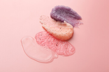 Samples of cosmetic products on pink background. Skin care