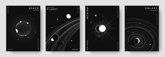 Set of abstract space astronomy backgrounds. Line art galaxy, solar system, planet, black hole. Science future concept. Cosmic minimalist design for cover, poster, layout, banner, flyer, brochure © Anastasiya Stoma