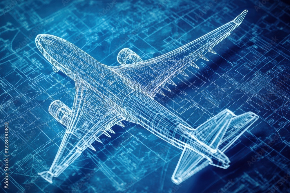 Poster technical blueprints showcasing the detailed design and structure of an airplane model against a blu