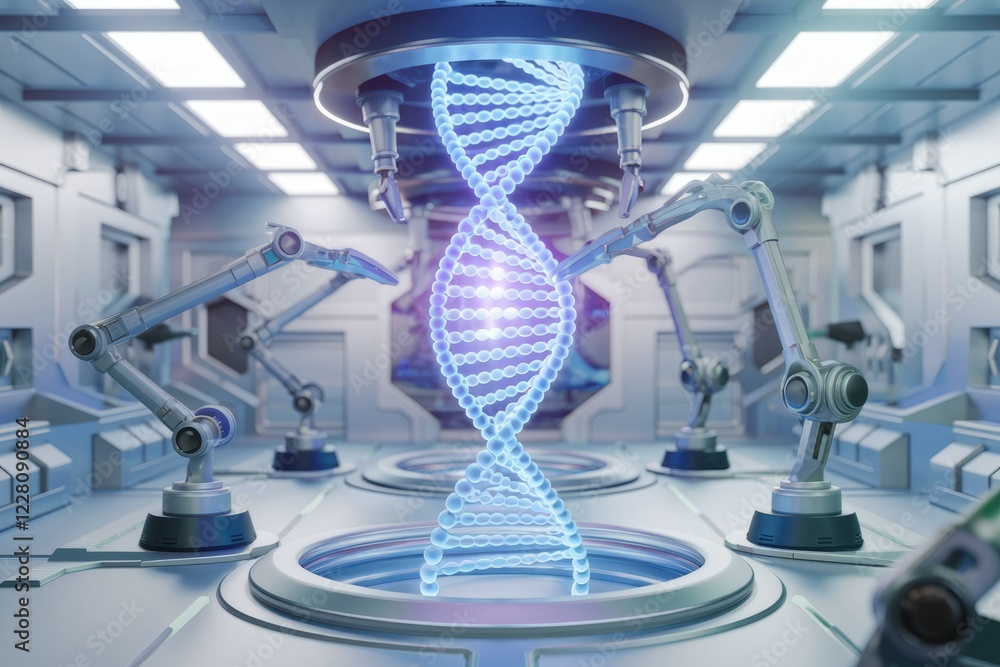 Poster Robotic arms manipulate a glowing DNA helix in a futuristic laboratory setting, symbolizing advanced genetic research.
