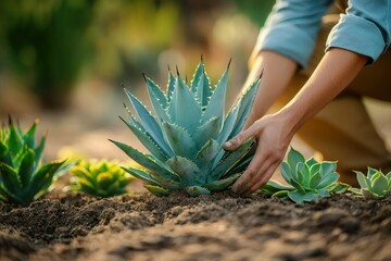 A person plants a blue agave succulent in rich soil, surrounded by other succulents in a garden.