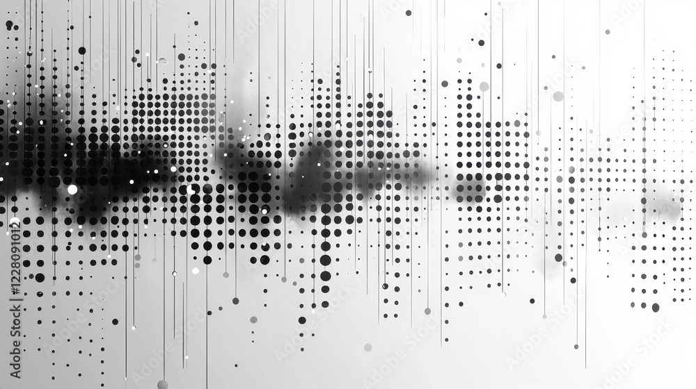 Poster abstract monochrome design with dots and lines, evoking sound waves.