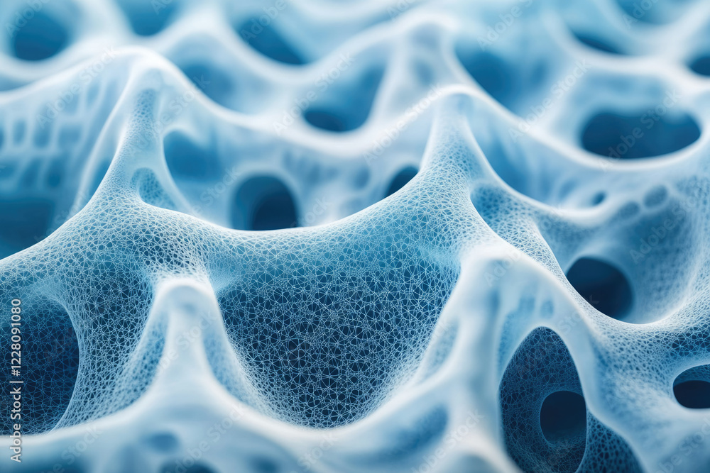 Poster Abstract 3D rendering of a porous, interconnected network resembling a complex, organic structure.