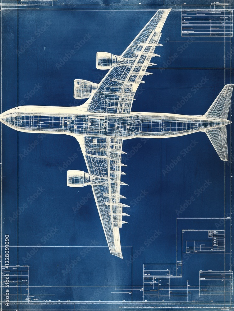 Poster technical blueprints showcasing the design and structure of a commercial airplane in a detailed and 