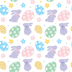 Easter bunny and eggs, spring.  Seamless pattern on white background. Vector.