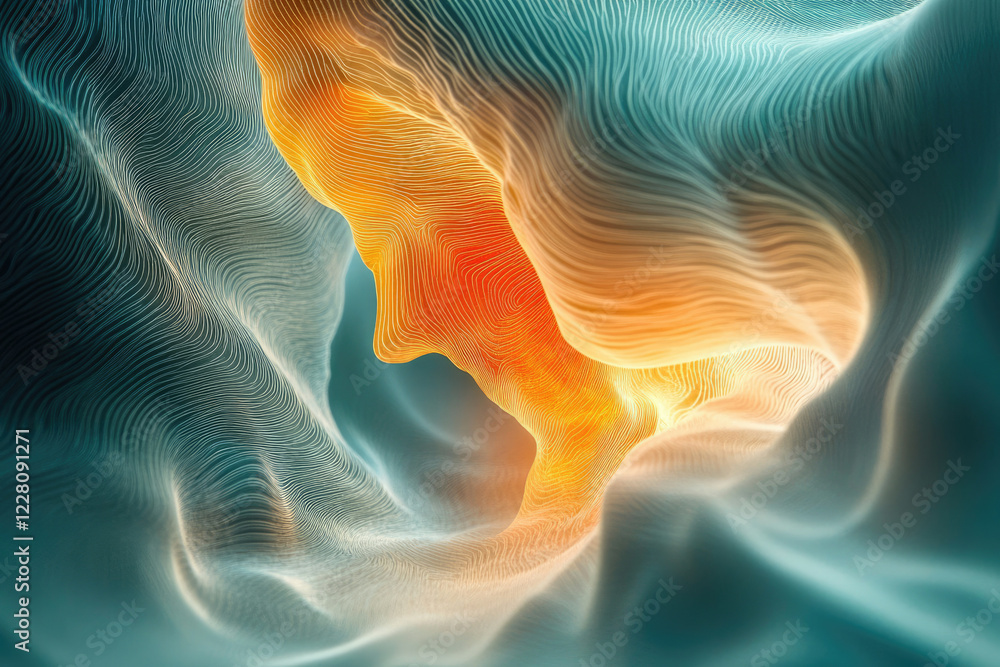 Poster Abstract 3D render of flowing, teal and orange lines creating a wavy, cavernous form.