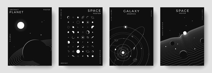 Set of abstract space astronomy backgrounds. Line art galaxy, universe, planet, solar system. Science future concept. Cosmic minimalist design for cover, poster, layout, banner, flyer, brochure © Anastasiya Stoma