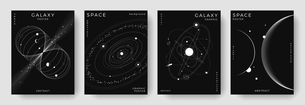 Set of abstract space astronomy backgrounds. Line art galaxy, universe, planet, solar system. Science future concept. Cosmic minimalist design for cover, poster, layout, banner, flyer, brochure