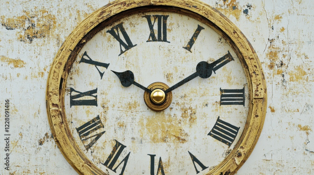 Poster antique roman numeral wall clock with rustic finish showing time in a vintage setting. generative ai