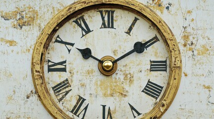 Fototapeta premium Antique Roman numeral wall clock with rustic finish showing time in a vintage setting. Generative AI