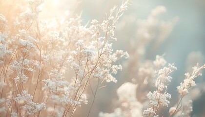 Soft morning light illuminates delicate dried grass in a serene, natural landscape.