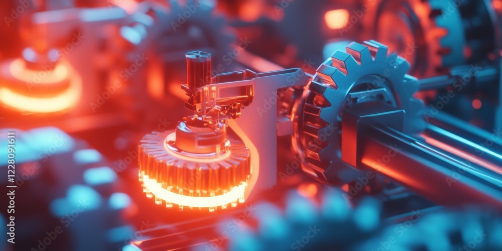 Leinwandbilder Futuristic Industrial Automation Illuminated Machine Gears in Red and Blue - Advanced Robotics and Smart Manufacturing for Modern Production Efficiency