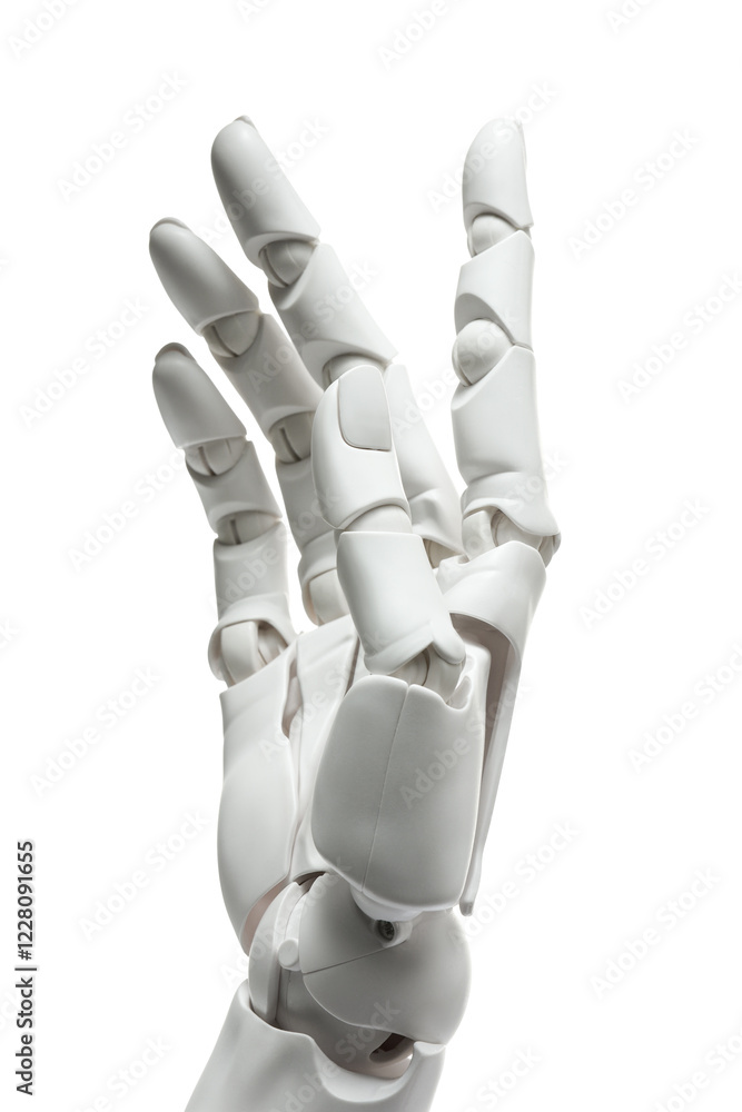 Poster artificial intelligence. robot hand gesturing on white background