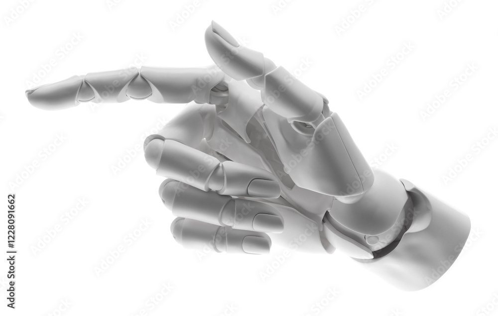 Poster artificial intelligence. robot hand pointing at something on white background