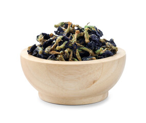 Butterfly pea flower tea. Dry Clitoria ternatea petals in bowl isolated on white