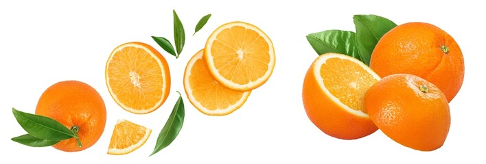 Orange fruit slices isolated on white background. Top view. Flat lay.