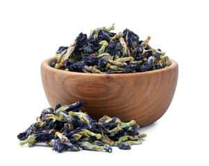 Butterfly pea flower tea. Dry Clitoria ternatea petals isolated on white