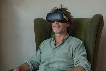 A man relaxes in a green armchair, immersed in a virtual reality experience.