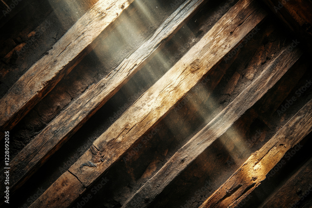Poster sunbeams illuminate a rustic, diagonal wooden ceiling, showcasing aged timbers and textured surface.