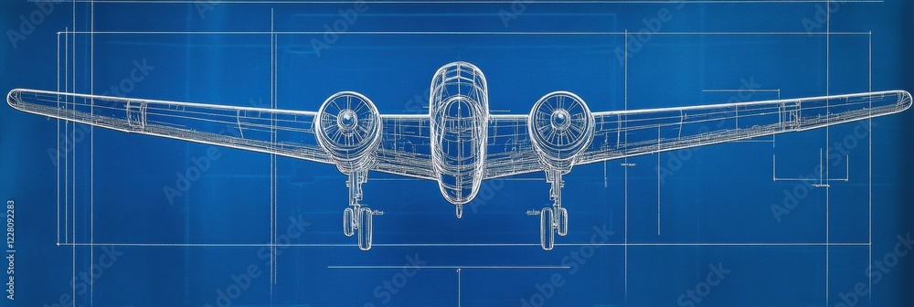 Poster technical blueprint showcasing the detailed design of an airplane with precise measurements and aero