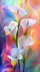 Beautiful colorful calla lilies, ethereal, luminous colors, soft lighting
