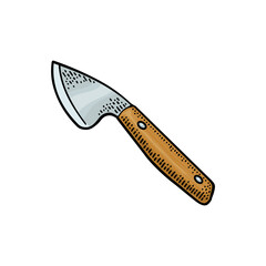 Professional kitchen knifes for hard cheese parmesan. Vector color vintage engraving illustration for menu, poster, label. Isolated on white background