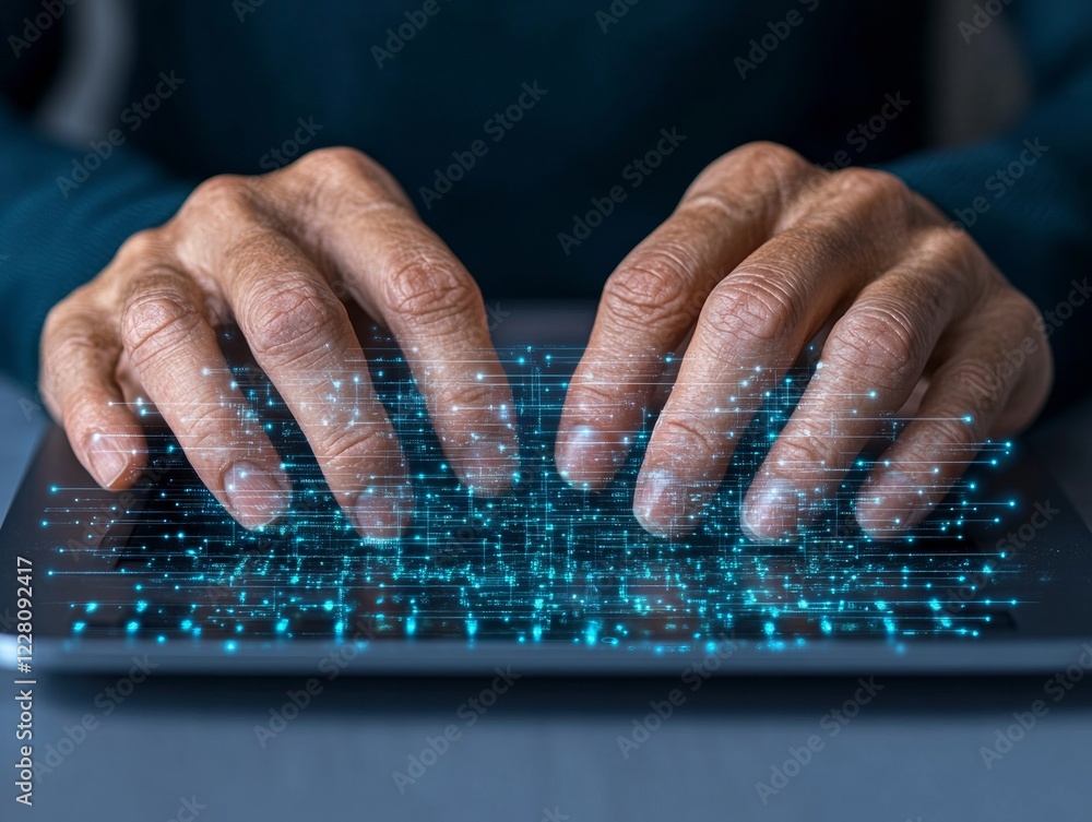 Poster futuristic cybersecurity graphic network administrator typing on sleek laptop with circuit board ove