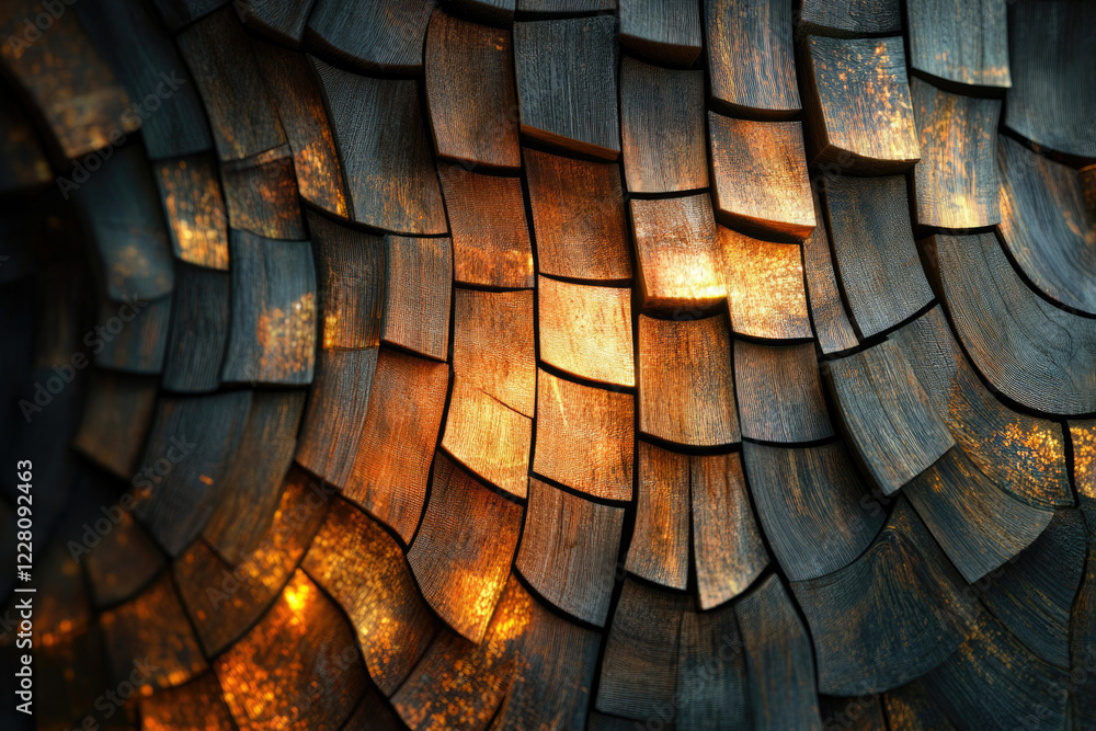 Poster intricate wooden mosaic pattern with warm, glowing highlights creating a textured, artistic effect.