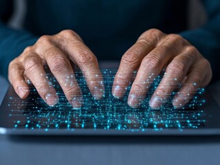 Futuristic Cybersecurity Graphic Network Administrator Typing on Sleek Laptop with Circuit Board Overlay - Advanced Digital Protection for Tech Industry Marketing and Infrastructure