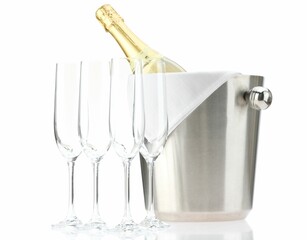 Bottle of champagne in ice bucket and empty glasses isolated on white