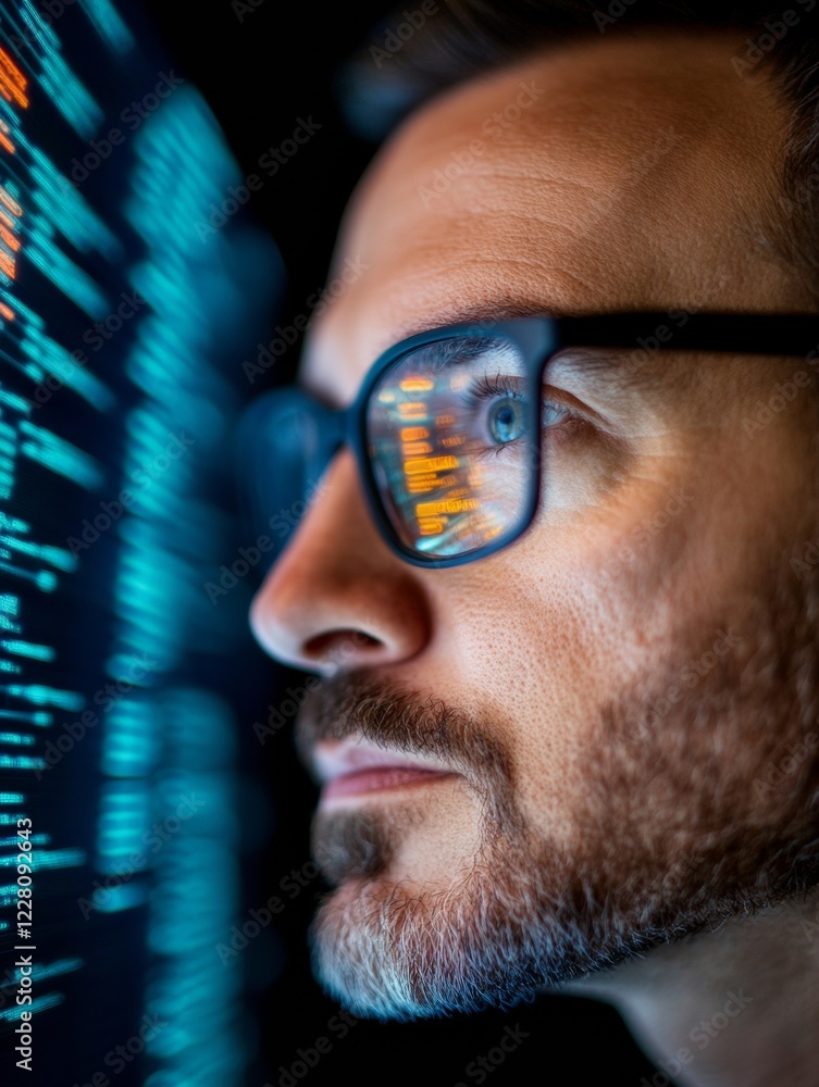 Poster AI-Powered Cybersecurity Analysis Bearded Male Monitoring Dynamic Network Data Streams on Multi-Screen Setup - Advanced IT Solutions for Enhanced Digital Threat Defense