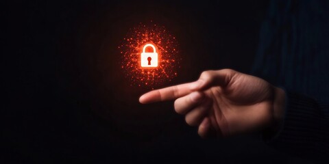 Ambient Cybersecurity Vignette Futuristic Digital Padlock with Neon Glow on Touchscreen - Tech Visuals for Secure Business Interfaces and Innovative Online Protection