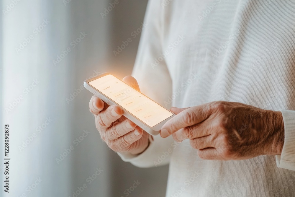 Poster minimalist smart living korean man in late 30s using smartphone for home lighting control - modern t