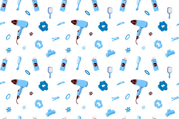 Seamless Pattern with Beauty and Hair Tools. A seamless pattern featuring a variety of beauty and hair styling tools, including hairdryers, combs, and clips, in blue colors.