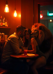 An intimate scene set in a dimly lit, rustic café or bar. A man and a woman are closely embracing, with the woman resting her head on the man's shoulder. Seated next to them is a large, muscular lion,
