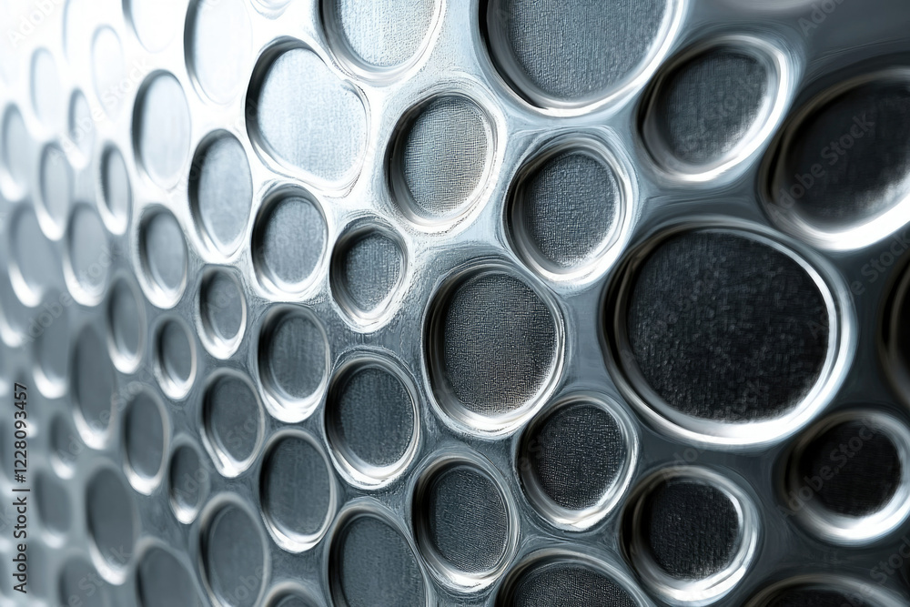 Poster Abstract close-up of a metallic surface with a repeating pattern of recessed circles.